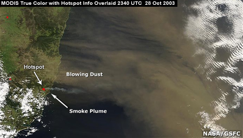 MODIS True Color Product with Hotspot Info Overlaid