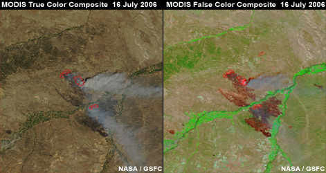 MODIS false color image of Bundy Railroad and Pine Ridge fires with photo overlays showing smoke from both fires on 13 July 2006