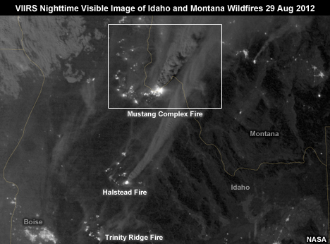 VIIRS Nighttime Visible Image of Idaho and Montana Wildfires 29 Aug 2012