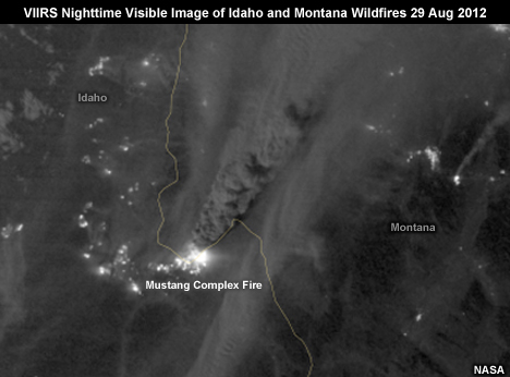 VIIRS Nighttime Visible Image of Idaho and Montana Wildfires 29 Aug 2012