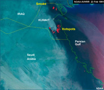 NOAA-10 AVHRR image showing hot spots and smoke from oil wells burning in Kuwait on 23 February 1991