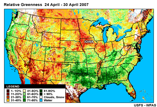Relative Greenness, 24 April - 30 April 2007, IOWA labeled