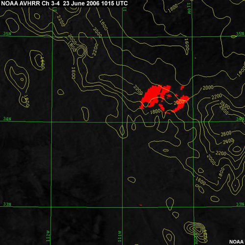 NOAA AVHRR Ch 3-4 23 June 2006 1015 UTC, hotspots of Rodea-Chediski fire overlaid