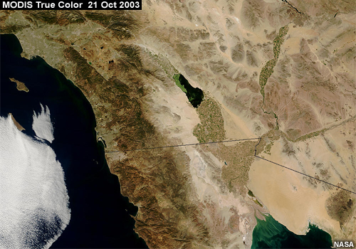 Algal bloom in the Salton Sea, California, 2003/294 - 10/21 at 18 :20 UTC, MODIS on Terra satellite