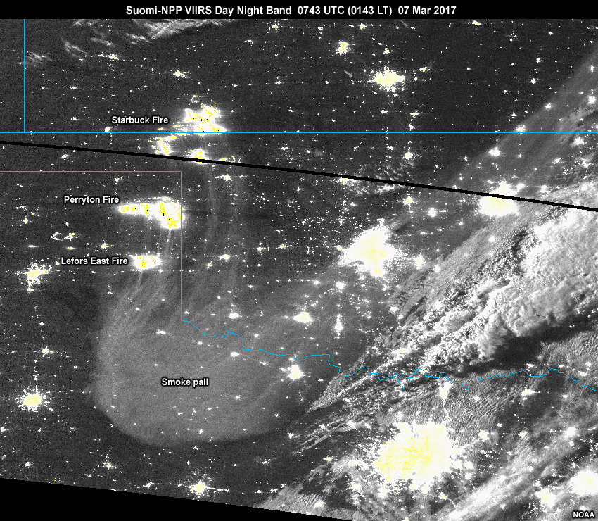 smoke, active fires, and city lights visible in S-NPP VIIRS Day Night Band imagery for Oklahoma, 07 Mar 2017