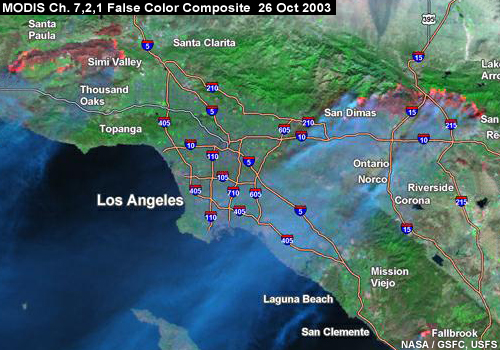 Terra MODIS false color image, Southern California, October 26, 2003