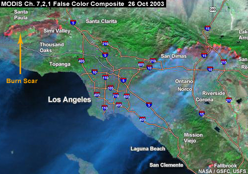 Terra MODIS false color image, Southern California, October 26, 2003, burn scar highlighted