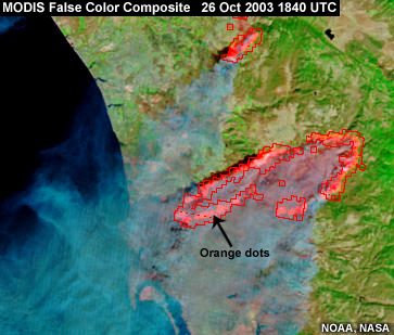Terra MODIS false color product showing fires and smoke in southern California with overlaid hot spot perimeters. 26 Oct 2003 1840 UTC