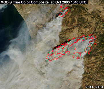 Terra MODIS true color product showing fires and smoke in southern California with overlaid hot spot perimeters. 26 Oct 2003 1840 UTC