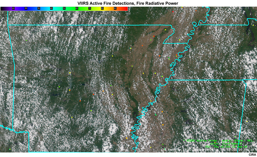 VIIRS Active Fires overlaid on GOES-16 Geocolor image, from Arkansas wildfires, 20 Sep 2018