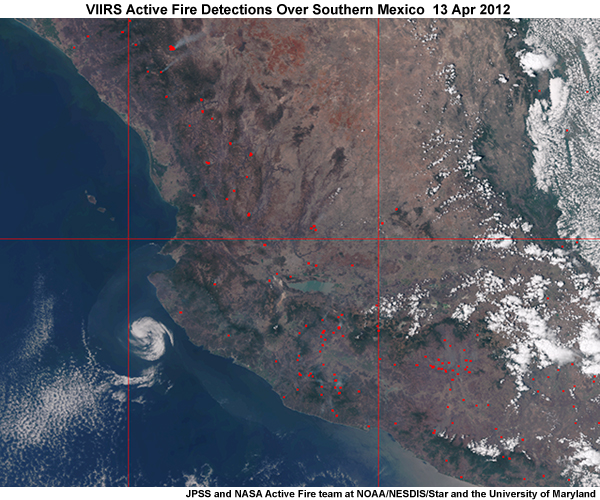 Active fire detections from VIIRS over southern Mexico at 1945 UTC, 13 april 2012