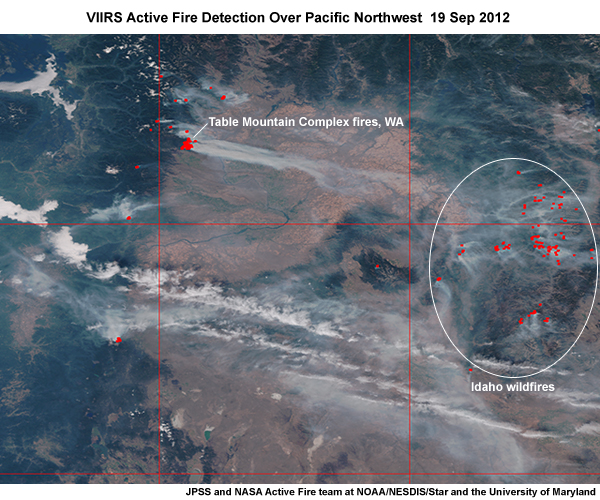 VIIRS active fire detection image showing the Table Mountain complex fires in Washington on 19 Sep 2012