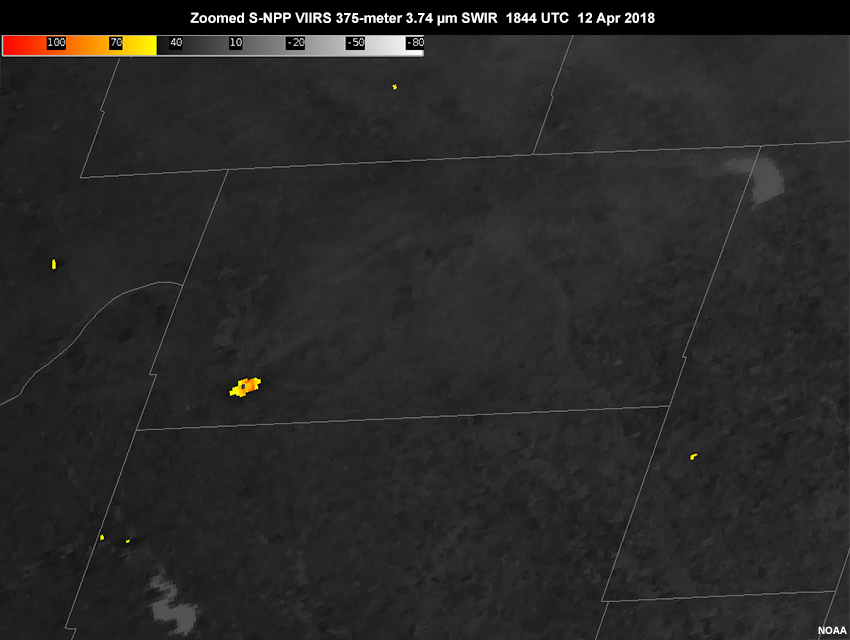S-NPP VIIRS shortwave IR image showing hot spots indicated active fires for an area in Oklahoma