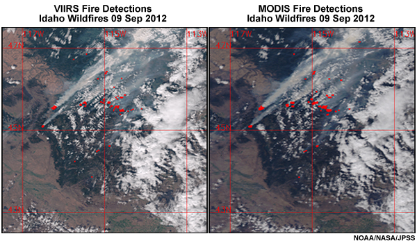 VIIRS and MODIS Fire Detections Idaho Wildfires 09 Sep 2012
