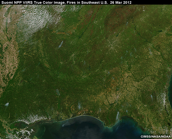 Suomi NPP VIIRS True Color Image, Fires in Southeast U.S. 26 Mar 2012