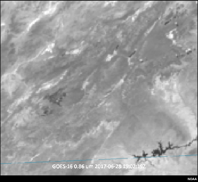 GOES-6 0.86 micrometer channel from GOES-16 showing smoke plume from June 2017 Utah wildfires.