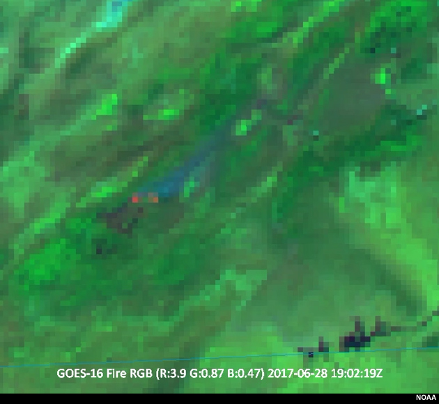 GOES-16 RGB image showing hot spot and smoke plume from June 2017 Utah wildfires. Channels used are 3.9 micrometer (red), 0.87 micrometer (green), and 0.47 micrometer (blue).