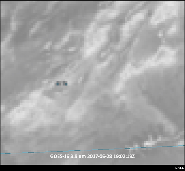 GOES-16 3.9 micrometer imagery showing hotspots from June 2017 Utah wildfire.