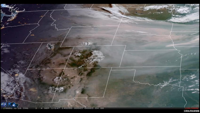 GOES-16 view of advected smoke from western wildfires, September 2017