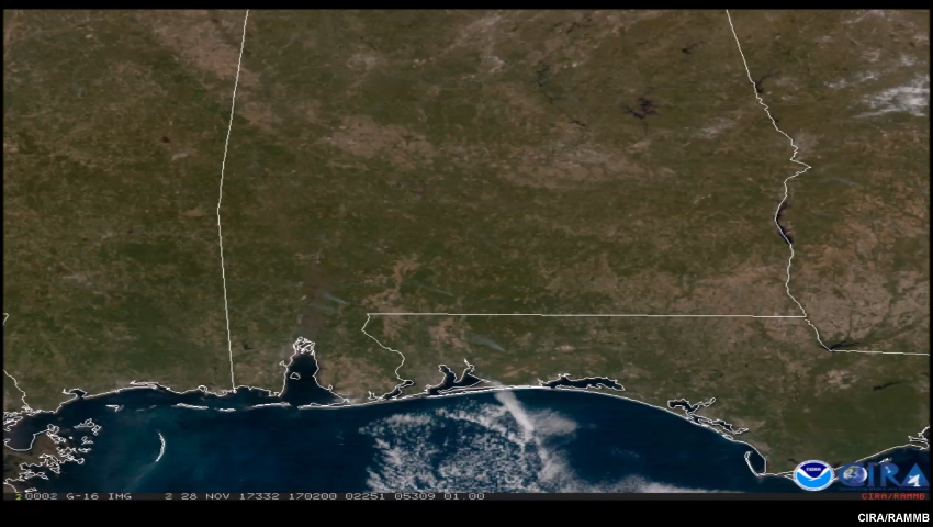 GOES-16 view of wildfire smoke plume in northern Florida, November 2017