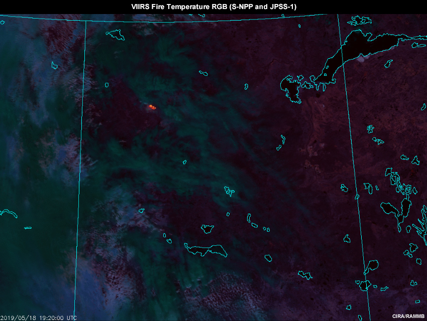  four day loop of Fire Temperature RGB images from VIIRS aboard S-NPP and JPSS-1, 18-21 May 2019 wildfires in Alberta, Canada