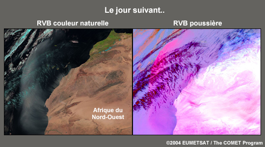 Deux images RVB (RVB poussière et RVB couleur naturelle) montrant la même scène.