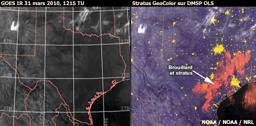 2 images, l'une dans la canal GOES IR du 31 mars 2010 à 1215 TU et l'autre est l'image Nuage Bas GeoCouleur correspondante superposée sur une image DMSP OLS
