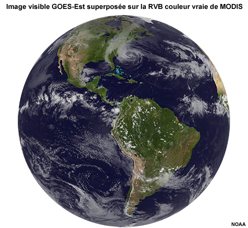 Image visible hémisphérique GOES-Est superposée sur la RVB couleur vraie de MODIS en arrière-plan