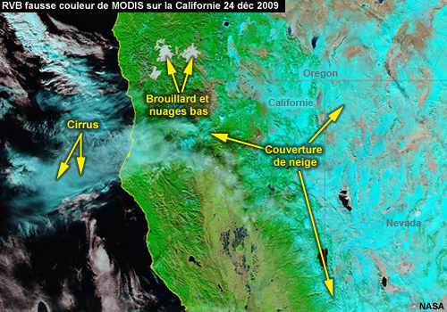 MODIS, RVB "Fausse Couleur" du 24 Dec 2009 sur la Californie avec indication des cirrus, des nuages bas/brouillard et de la neige