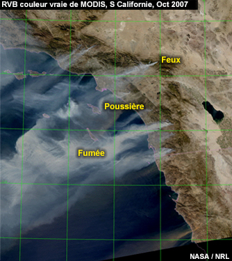MODIS, RVB Couleur Vraie montrant de la fumée d'incendie sur le Sud de la Californie en octobre 2007
