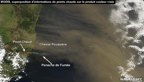 MODIS, superposition d'informations de points chauds sur le Produit "Couleur Vraie"