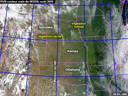MODIS, RVB Couleur Vraie sur le Nebraska, le Kansas et l'Oklahoma, 23 août 2009