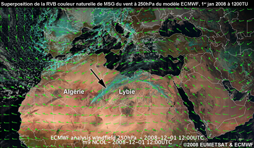 Superposition de la RVB Couleur Naturelle de MSG et de l'analyse du champ de vent du modèle ECMWF à 250 hPa, 1er janvier 2008 à 1200 TU