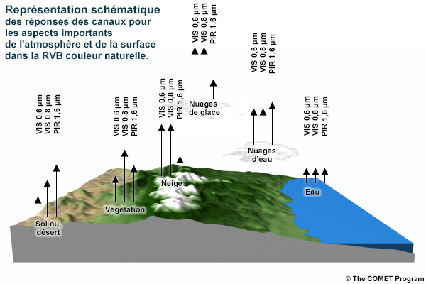 Représentation schématique montrant les réponses d'un canal satellitaire aux éléments clés de surface et de l'atmosphère