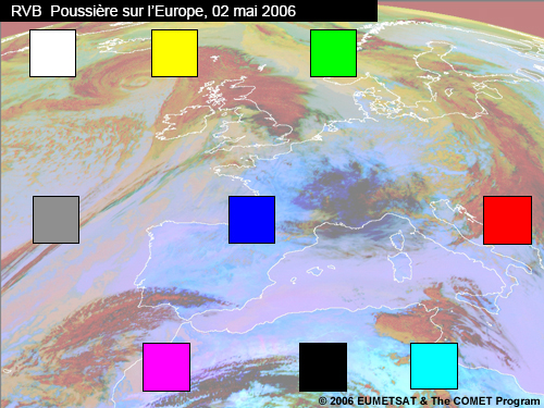 Image RVB poussière avec superposition des couleurs pour chaque couleur primaire et secondaire, le noir et le blanc