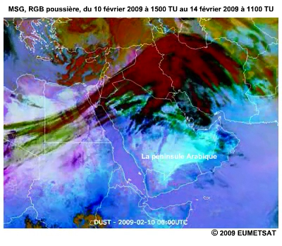 Animation de la RVB poussière montrant l'évolution d'une tempête de poussière sur l'Arabie Saoudite pendant plusieurs jours