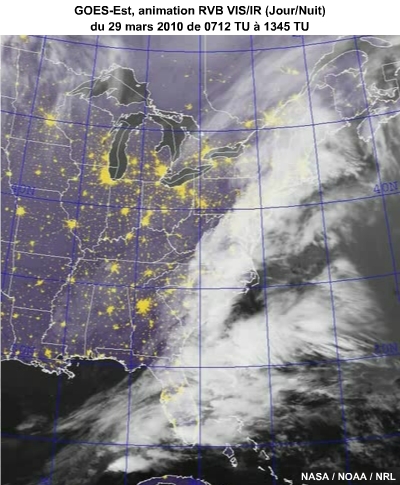 GOES-Est, animation RVB VIS/IR (Jour/Nuit) du 29 mars 2010 de 0712 TU à 1345 TU