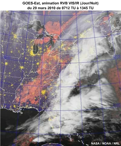 GOES-Est, animation RVB VIS/IR (Jour/Nuit) du 29 mars 2010 de 0712 TU à 1345 TU