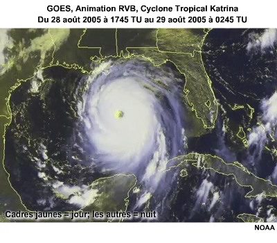 GOES, Animation RVB du cyclone tropical Katrina de 0015 TU le 28 août 2005 à 2345 TU 29 août 2005