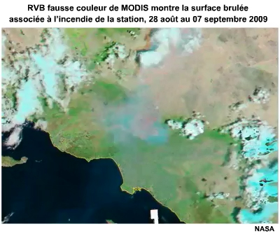 MODIS, images" fausse couleur" du 28 août au 07 septembre 2009 montrant des zones brûlées par l'incendie de Station Fire