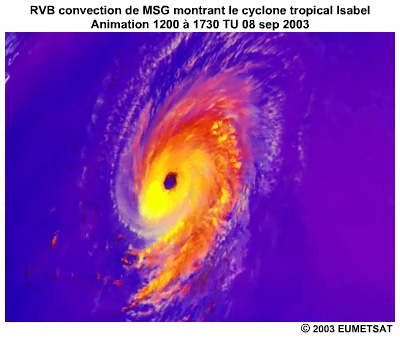 Animation de la RVB convection de MSG montrant le Cyclone Tropical Isabel, juin 2006