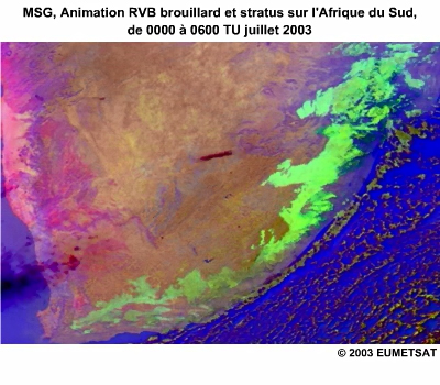MSG, animation RVB brouillard/stratus sur l'Afrique Australe, 05 juillet 2003 de 0000 TU à 0600 TU