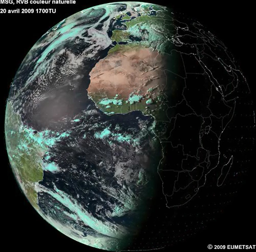 Animation de l'image hémisphérique RVB couleur naturelle de MSG, 20 avril 2009, 0600