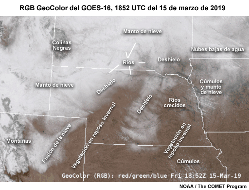 Imagen RGB GeoColor del GOES-16 centrada en la región de las planicies centrales de los EE. UU., 1852 UTC del 15 de marzo de 2019, con características rotuladas