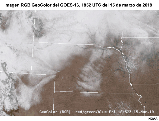 Imagen RGB GeoColor del GOES-16 para una actividad interactiva sobre la región de las planicies centrales de los EE. UU., 1852 UTC del 15 de marzo de 2019