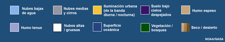 Leyenda de interpretación de colores del producto RGB GeoColor del GOES-R