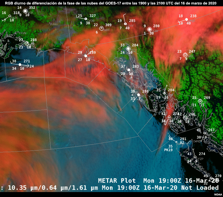 Animación del RGB diurno de diferenciación de la fase de las nubes del GOES-17 entre las 1900 y las 2100 UTC del 16 de marzo de 2020