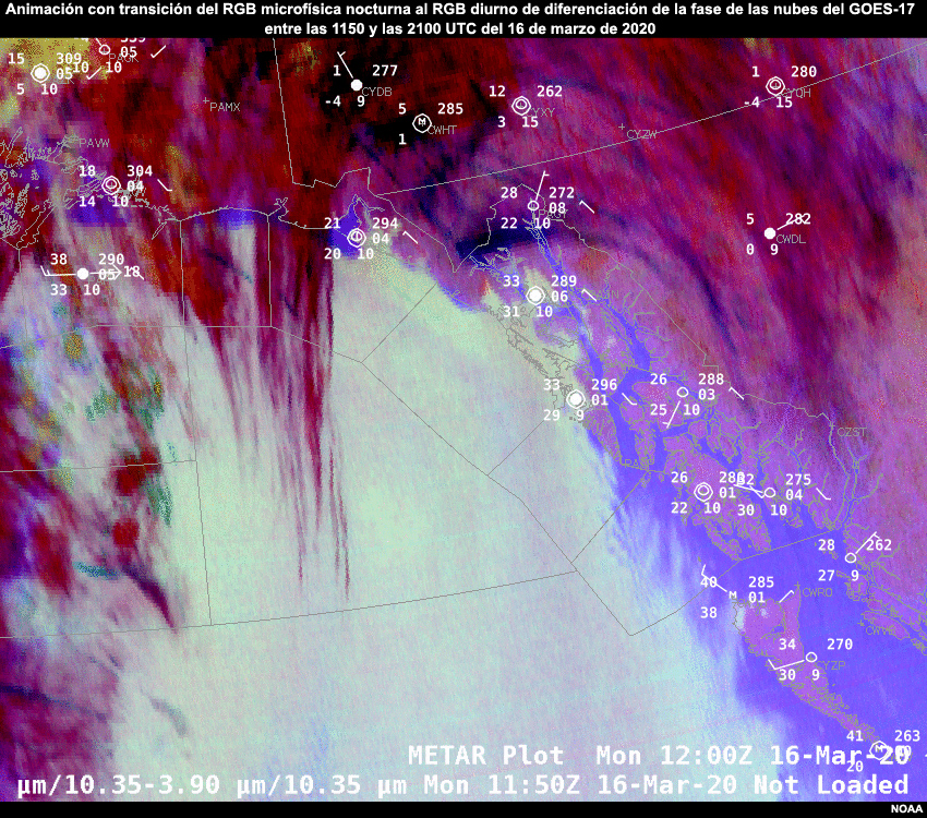 Animación con transición del RGB microfísica nocturna al RGB diurno de diferenciación de la fase de las nubes del GOES-17, entre las 1150 y las 2100 UTC (03:50 a 13:00 hora local) del 16 de marzo de 2020