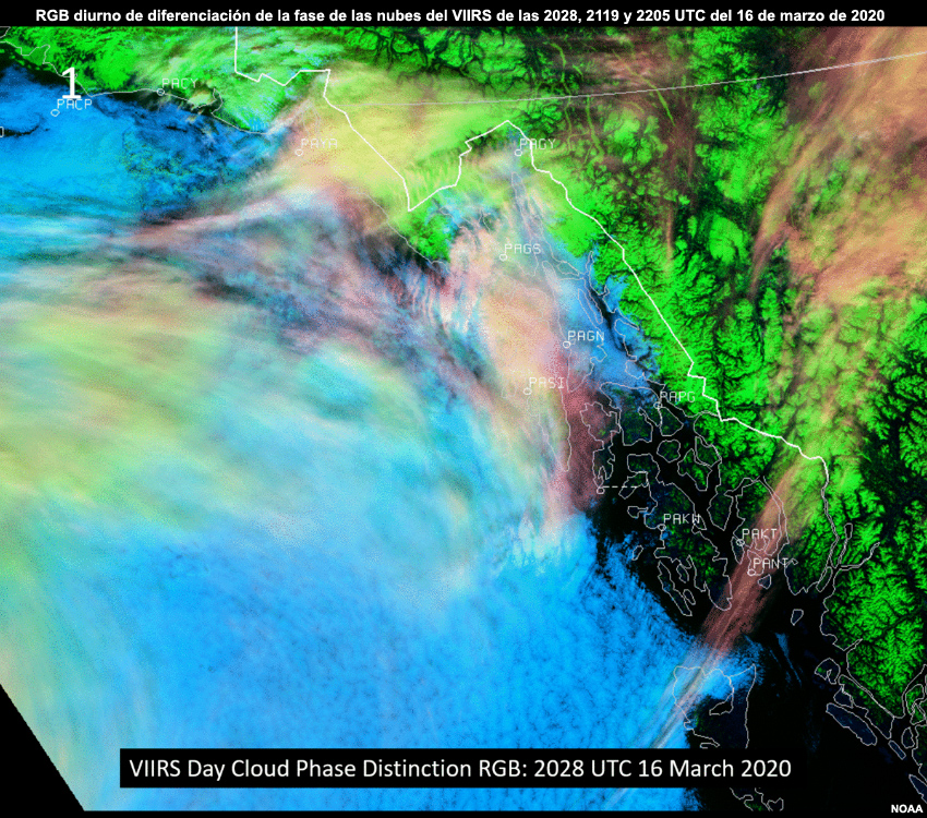 Animación del RGB diurno de diferenciación de la fase de las nubes del VIIRS a las 2028, 2119 y 2205 UTC del 16 de marzo de 2020