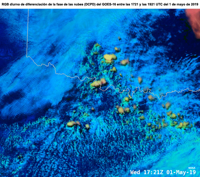 RGB diurno de diferenciación de la fase de las nubes del GOES-16 en el período de inicio de la convección entre las 1721 y las 1921 UTC del 1 de mayo de 2019